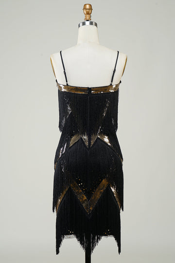 Black Spaghetti Straps Sequins 1920s Dress with Fringes